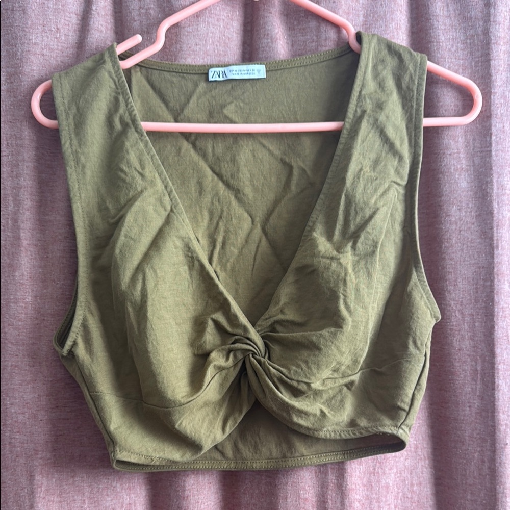 Zara Olive Green Twist Front Crop Top